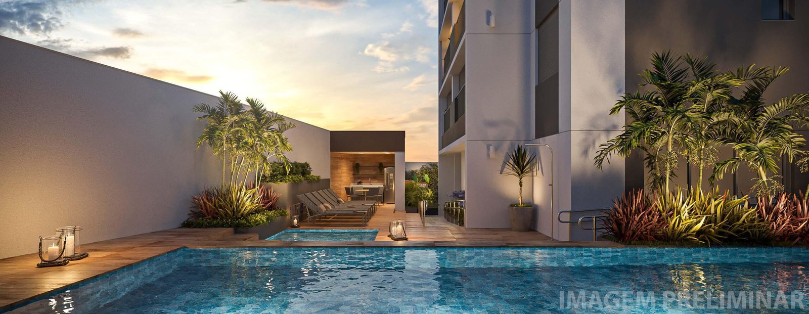 Piscina e fachada do Way Guilhermina Diálogo Engenharia